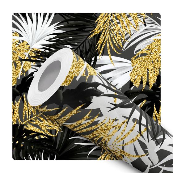 Imagem de Papel De Parede Adesivo Lavável Folhagem Dourada Preta E Branca Fundo Cinza Quarto Sala de Estar Tropical