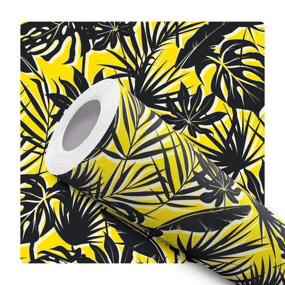 Imagem de Papel De Parede Adesivo Lavável Folhagem Tropical Amarelo Preto Abstrata Quarto Sala de Estar