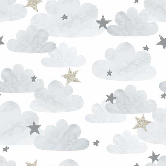 Imagem de Papel De Parede Adesivo Lavável Infantil Nuvens Com Estrelas Cinza Bebê Maternidade