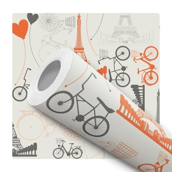 Imagem de Papel De Parede Adesivo Lavável Teen Paris Laranja Cinza Bicicleta Bege