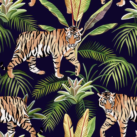 Imagem de Papel De Parede Adesivo Lavável Tigre De Bengala Folha Verde Abstrato Quarto Sala de Estar