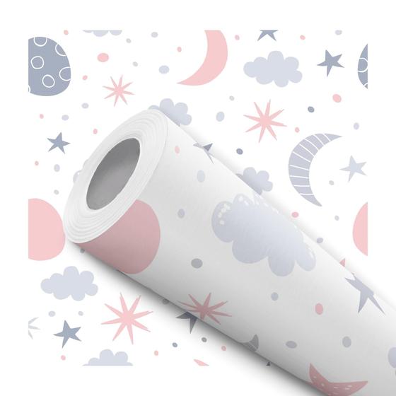 Imagem de Papel De Parede Adesivo Lua Estrelas Nuvens Rosa Cinza Quarto Infantil 1.5m