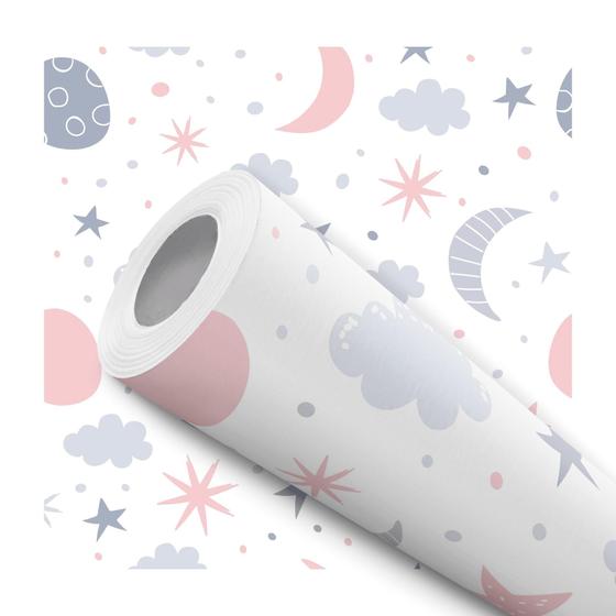 Imagem de Papel De Parede Adesivo Lua Estrelas Nuvens Rosa Cinza Quarto Infantil 10m