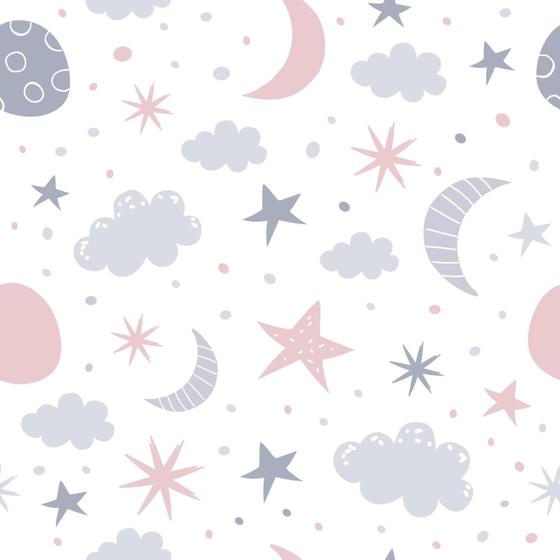 Imagem de Papel De Parede Adesivo Lua Estrelas Nuvens Rosa Cinza Quarto Infantil 5m