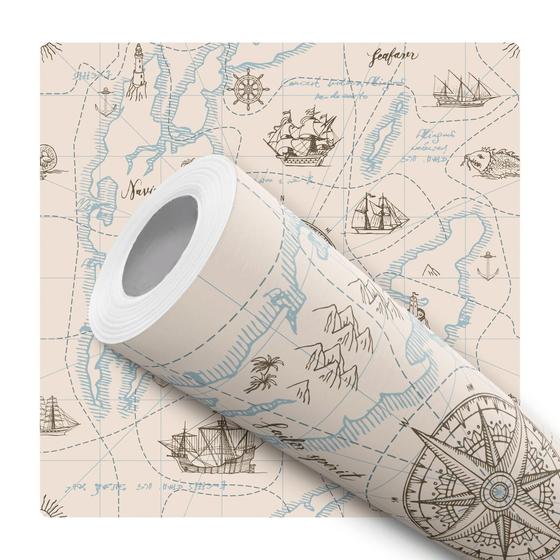 Imagem de Papel de Parede Adesivo Mapa Exploração Bussola Vintage Bege Moderno Quarto Sala de Estar