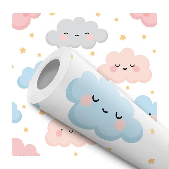 Imagem de Papel de Parede Adesivo Nuvem Rosa Azul Céu Estrela Infantil Bebê Moderno Quarto Sala de Estar