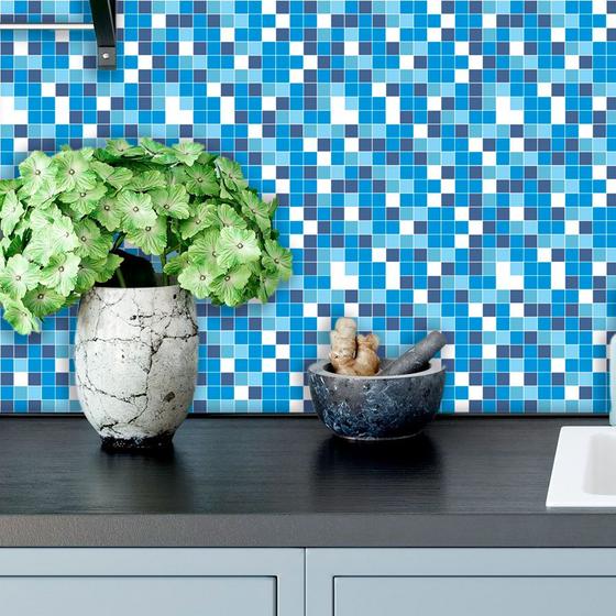 Imagem de Papel de Parede Adesivo Pastilha Azul Mesclado Banheiro Cozinha Lavável