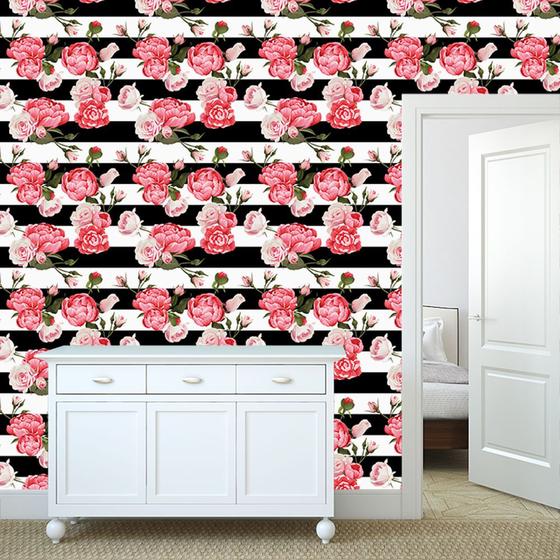 Imagem de Papel de Parede Adesivo - Rosa e Listras - Floral - 304ppf