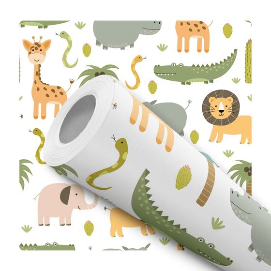 Imagem de Papel De Parede Adesivo Safari Branco Bicho Quarto Bebê 2m