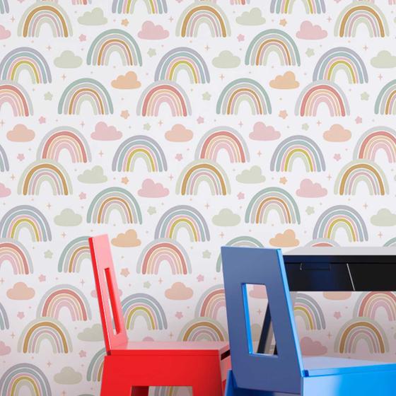 Imagem de Papel de Parede Auto Adesivo Aquarela Infantil Arco iris Colorido decorado Lavavel Quarto Sala 3m