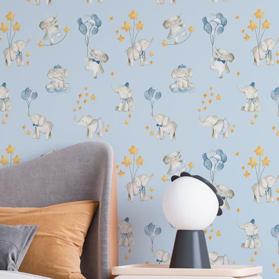 Imagem de Papel de Parede Auto Adesivo Elefante Fofinho infantil azul quarto menino Decorativo 18m