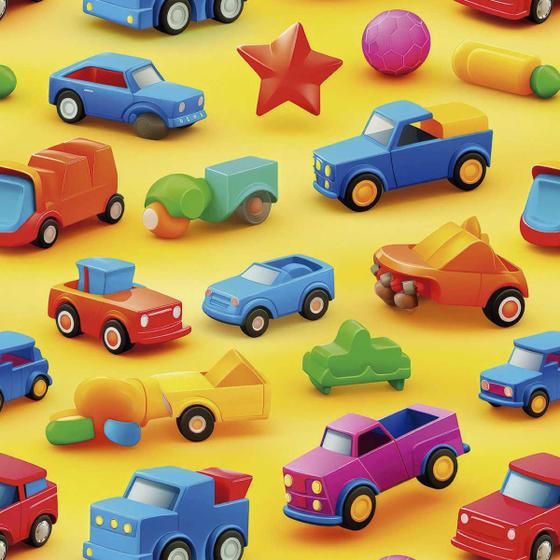 Imagem de Papel de Parede Auto Colante Infantil Amarelo Carrinhos Coloridos decorativo Quarto Bebê 3m