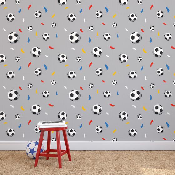 Imagem de Papel de Parede Cinza Bolas de Futebol e Confete 57x270cm