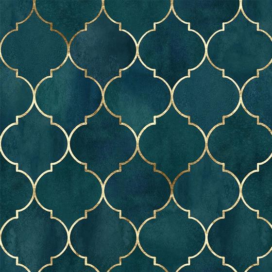 Imagem de Papel De parede clássico Marraskesh Para Quartos E Sala Em Tons De Azul turquesa E Gold