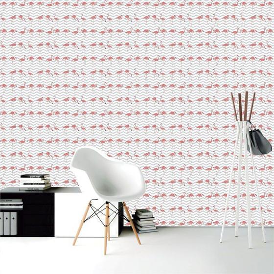 Imagem de Papel de Parede Flamingo Rosa e Chevron Cinza