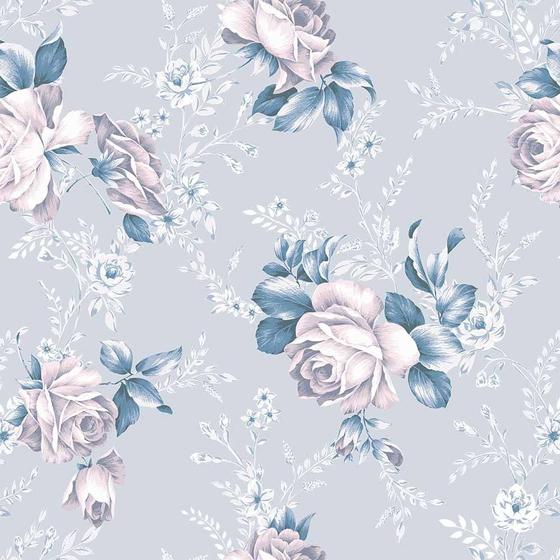 Imagem de Papel de Parede Floral Rosa e Azul Claro
