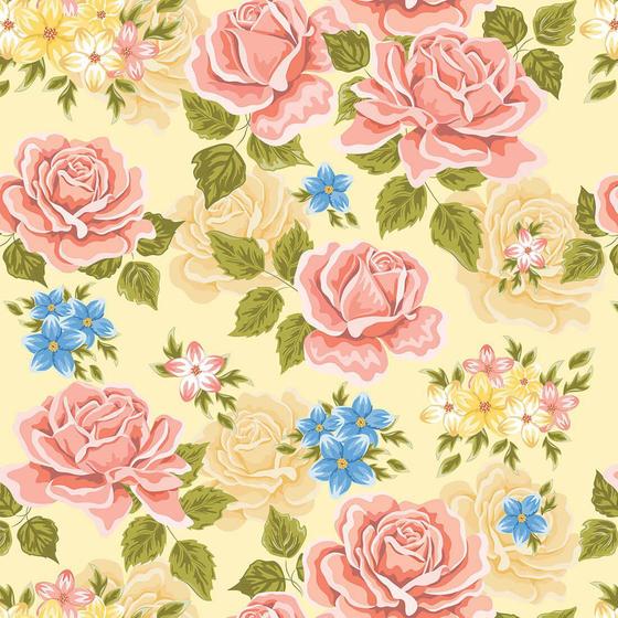 Imagem de Papel de Parede Floral Rosas, Azul e Amarelo com Ramos