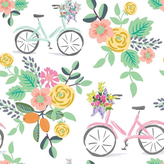 Imagem de Papel de Parede Flores e Bicicletas Quarto Feminino 57x270cm