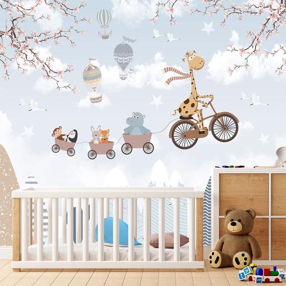 Imagem de Papel de Parede Foto Mural Infantil Zoo Girafa em Bicicleta e Balões para Sala Quarto Autocolante 150x250cm