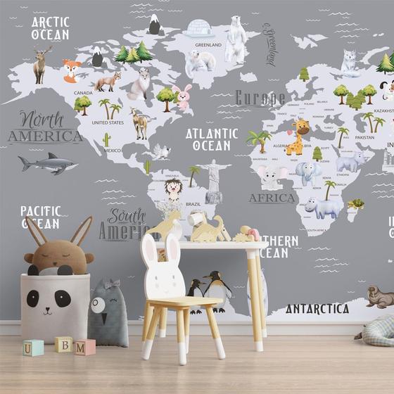 Imagem de Papel de Parede Foto Mural Mapa Mundi Infantil com Animais Autocolante  100x100cm