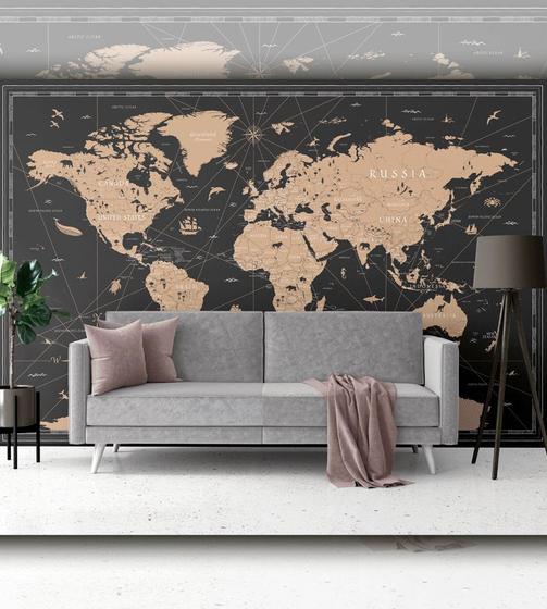 Imagem de Papel de Parede Foto Mural Mapa Mundi Vintage Black Autocolante  100x100cm