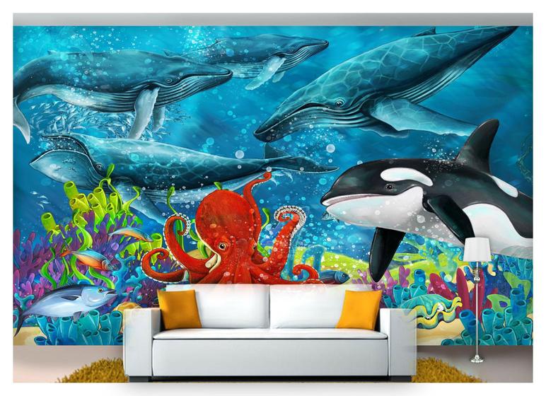 Imagem de Papel De Parede Fundo Do Mar Baleias Orca 3D 7,50m² Fm85