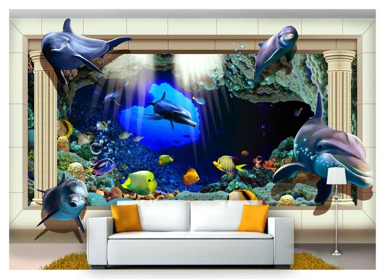 Imagem de Papel De Parede Fundo Do Mar Golfinhos 3D 7,50m² Fm84