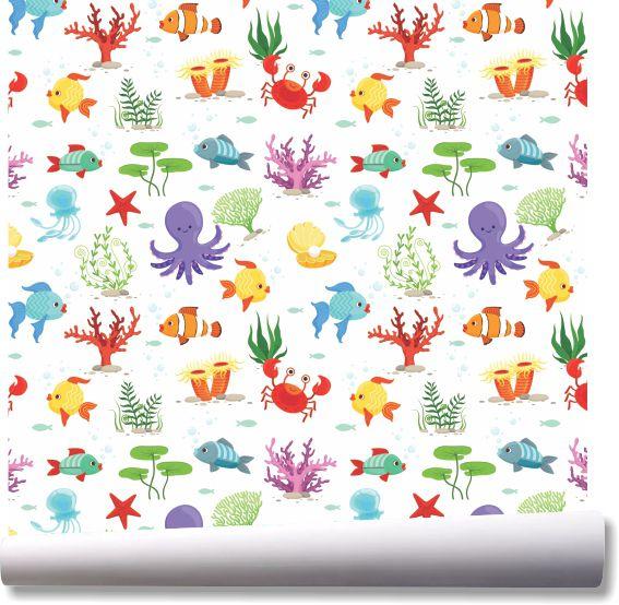 Imagem de Papel de parede fundo do mar infantil peixes coral polvo A77