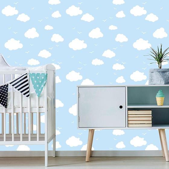 Imagem de Papel de Parede Infantil Céu Azul, Nuvens e Gaivotas