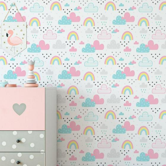 Imagem de Papel de Parede Infantil Chuva de Amor Nuvens E Arco Iris Decoração Quarto Menina -- M²