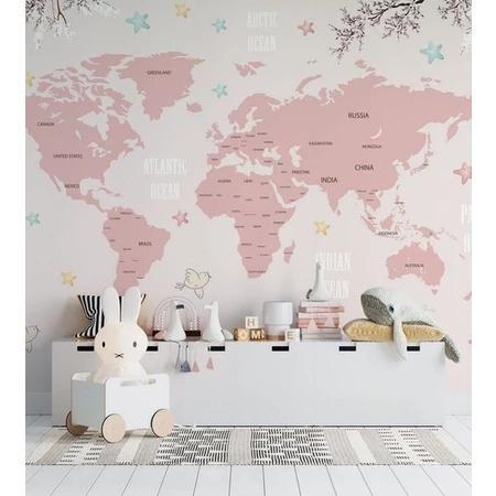 Imagem de Papel De Parede Infantil De Mapa Mundi Rosa Com Flores