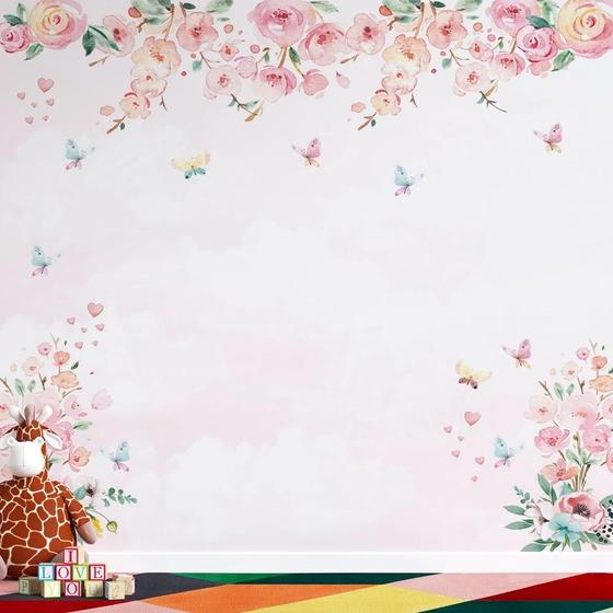 Imagem de Papel de Parede Infantil Flores Coloridas rosa em aquarela