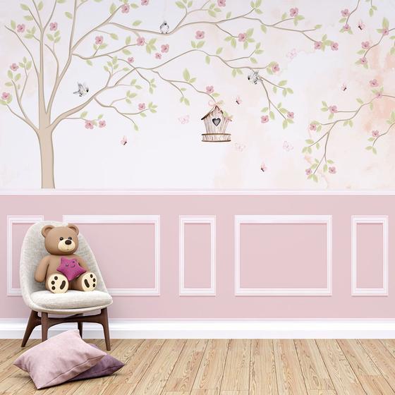 Imagem de Papel de Parede infantil jardim encantado passarinhos com boiserie rosa