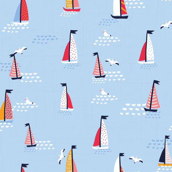 Imagem de Papel de Parede Infantil Mar e Barcos Fundo Azul 57x270cm