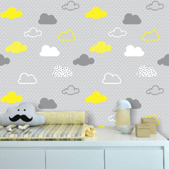 Imagem de Papel de Parede Infantil Nuvens Cinza e Amarelo 250