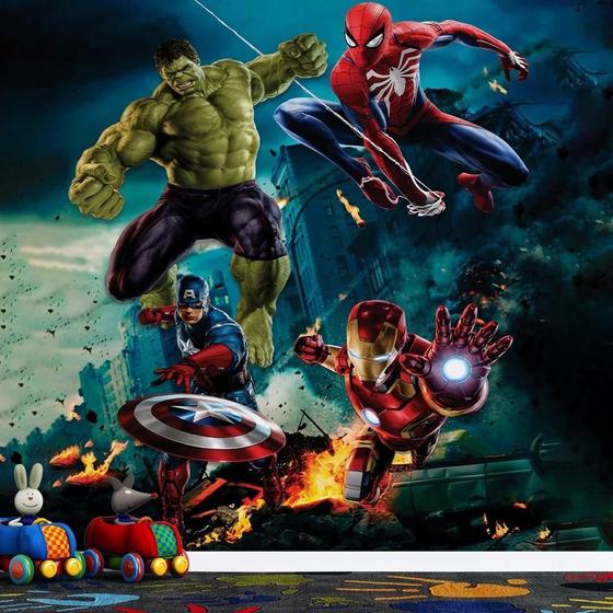 Imagem de Papel de Parede Infantil Vingadores Marvel  Hulk, Homem-Aranha, Capitão América e Homem de Ferro