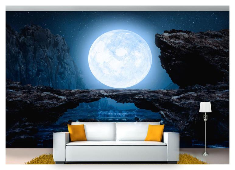 Imagem de Papel De Parede Lua Cheia Noite Rochas 3D Lua46