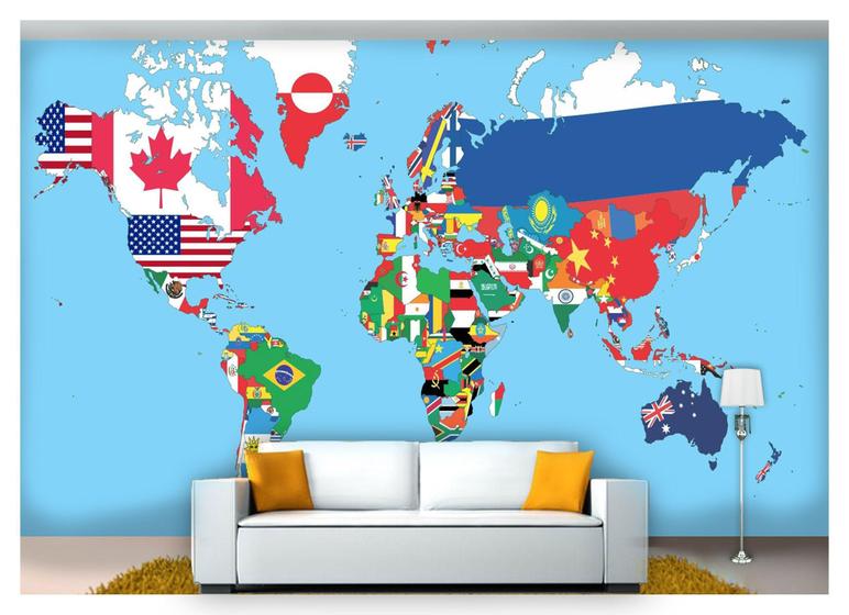 Imagem de Papel De Parede Mapa Mundi Bandeiras Países  Nmu06