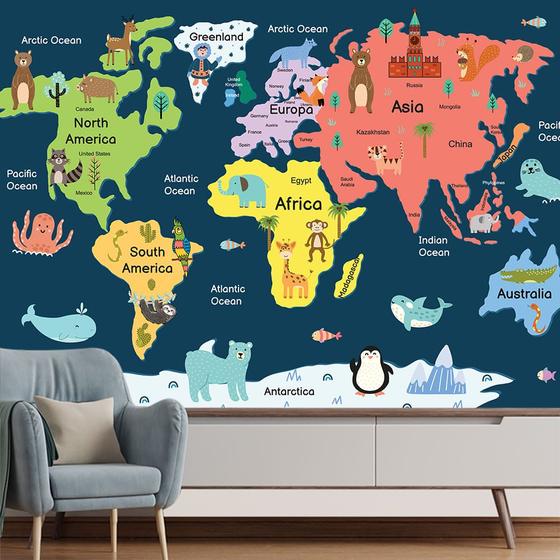 Imagem de Papel de Parede Mapa Mundi Infantil Animais Sala Painel - 477pcp
