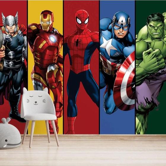 Imagem de Papel de Parede Marvel Super Heróis HQ  Thor, Homem de Ferro, Homem-Aranha, Capitão América e Hulk