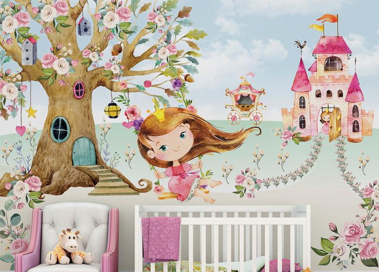 Imagem de Papel de Parede Menina Castelo Infantil Quarto Bebê Bn128