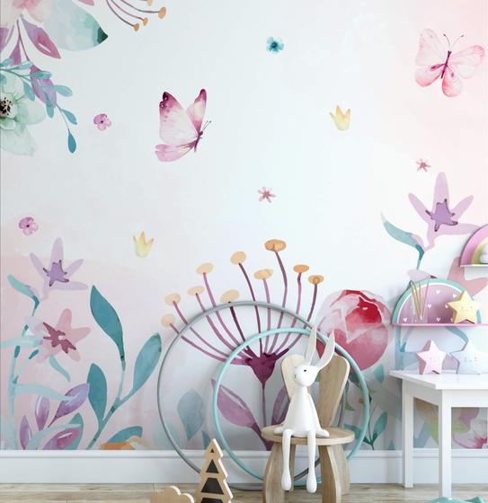 Imagem de Papel de Parede Menina Floral Jardim Rosa Aquarela 6m²