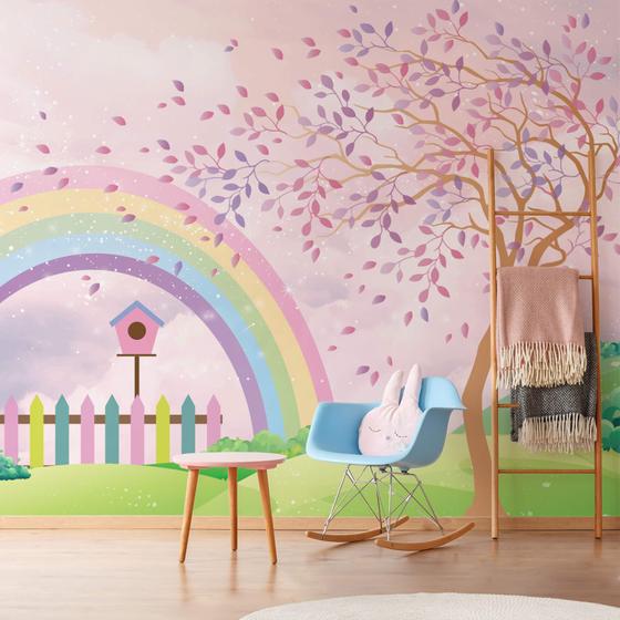 Imagem de Papel de Parede Menina Jardim Arco-íris Aquarela Painel 9m²