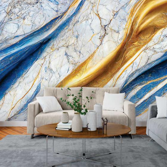 Imagem de Papel de Parede Painel 3D Mármore Branco Azul Dourado 3M Auto Colante Revestimento Brilhoso