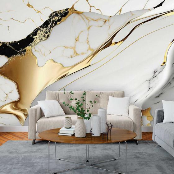 Imagem de Papel de Parede Painel 3D Mármore Branco Brilho Ouro 3M Revestimento Auto Colante Marmorizado