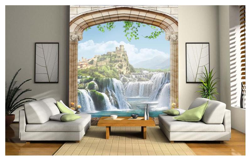 Imagem de Papel De Parede Paisagem Castelo Cachoeira 3D Dav12