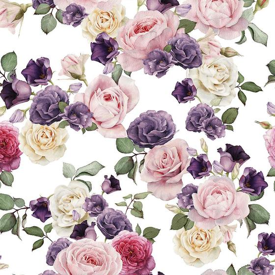 Imagem de Papel De parede Para Quartos E Sala floral Com Fundo Branco E Flores Em Tons De Rosa E roxo