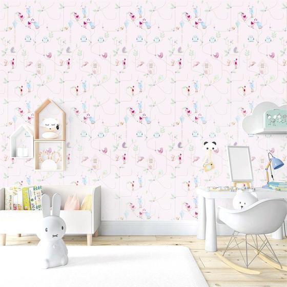 Papel de Parede Passarinhos na Árvore com Rosa Papel de Parede