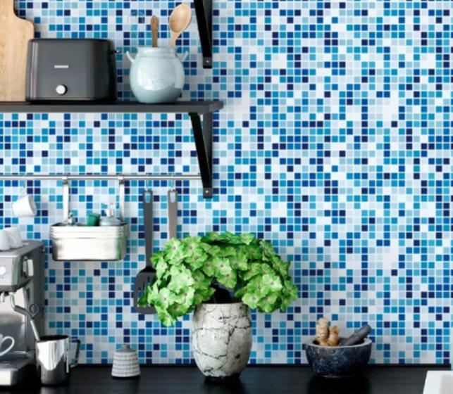 Imagem de Papel de Parede Pastilha Azul Branco Banheiro Lavanderia Cozinha Lavável Autoadesivo PA35