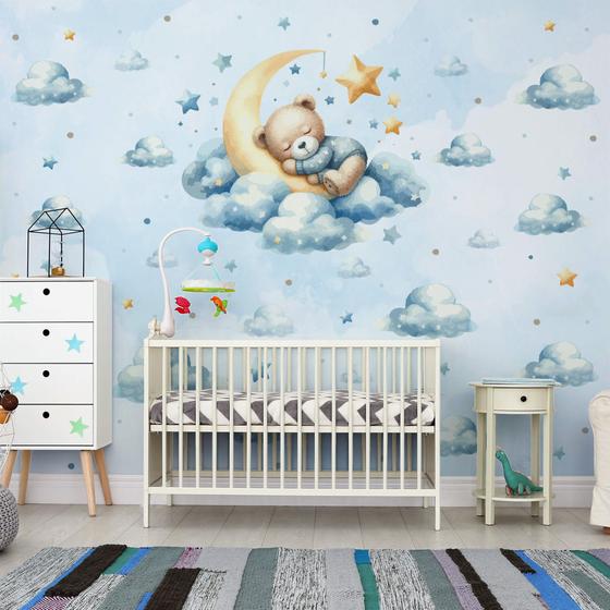 Imagem de Papel de Parede Quarto Bebe Menino Urso Dormindo na Lua 9m²